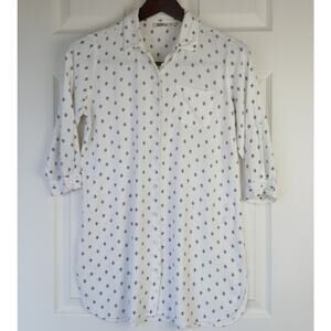 People Fleur-de-lis Button Up Blouse Small white roll tab sleeves vintage 90s